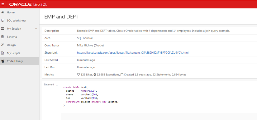 Ejemplo de código SQL compartido en la plataforma LiveSQL de Oracle
